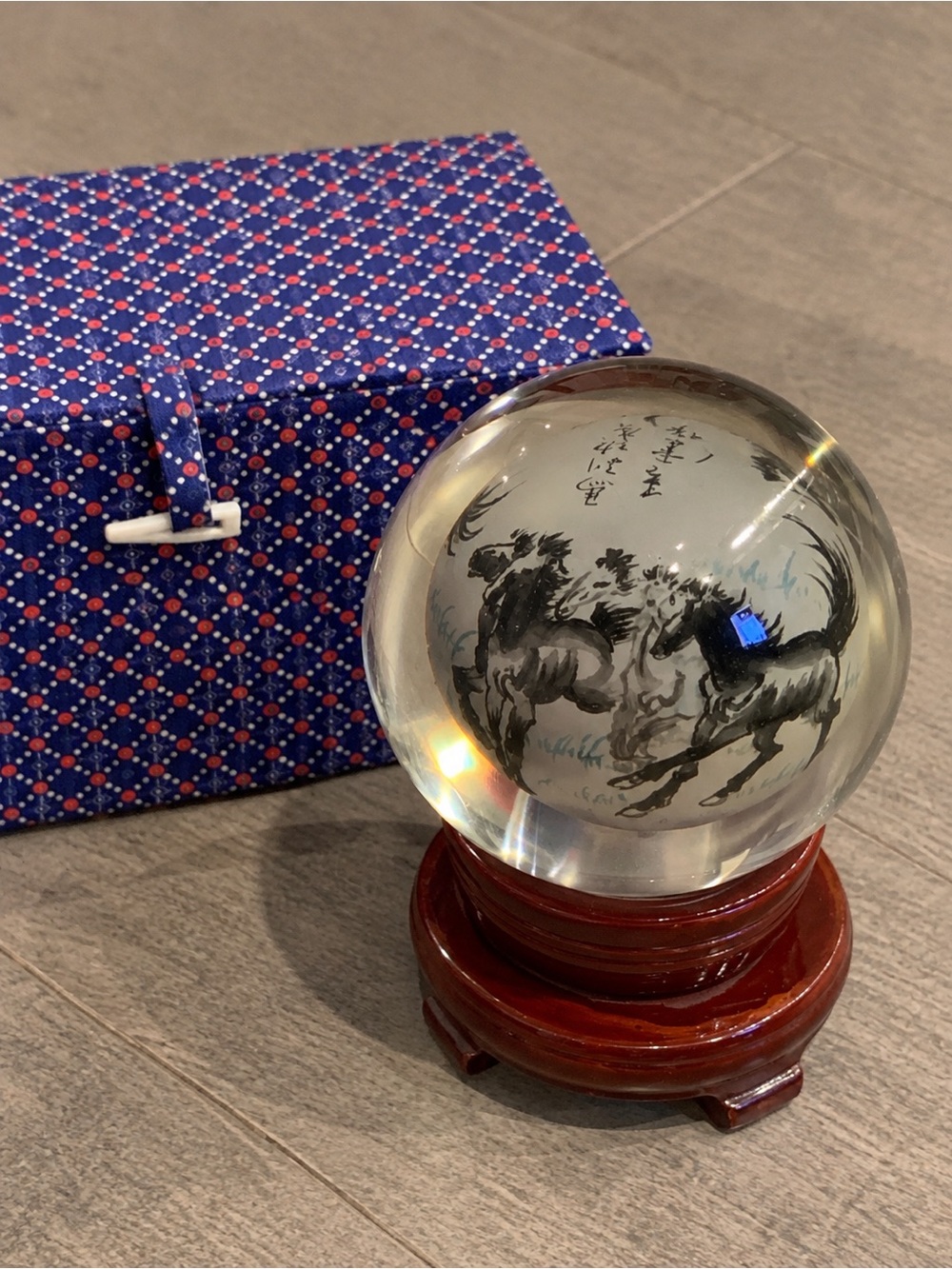 Vintage Chinese Neihua Reverse Painted Glass Horse Sphere Paperweight
